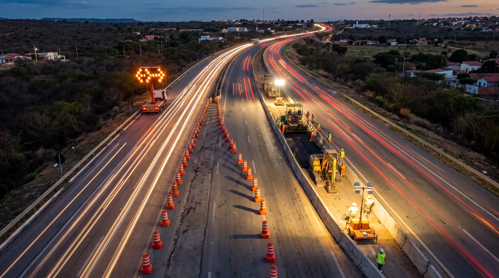 Vista elevada de uma obra em rodovia ao entardecer mostrando o esquema completo: painel ao fundo, afunilamento de cones, barreiras protegendo a frente de serviço