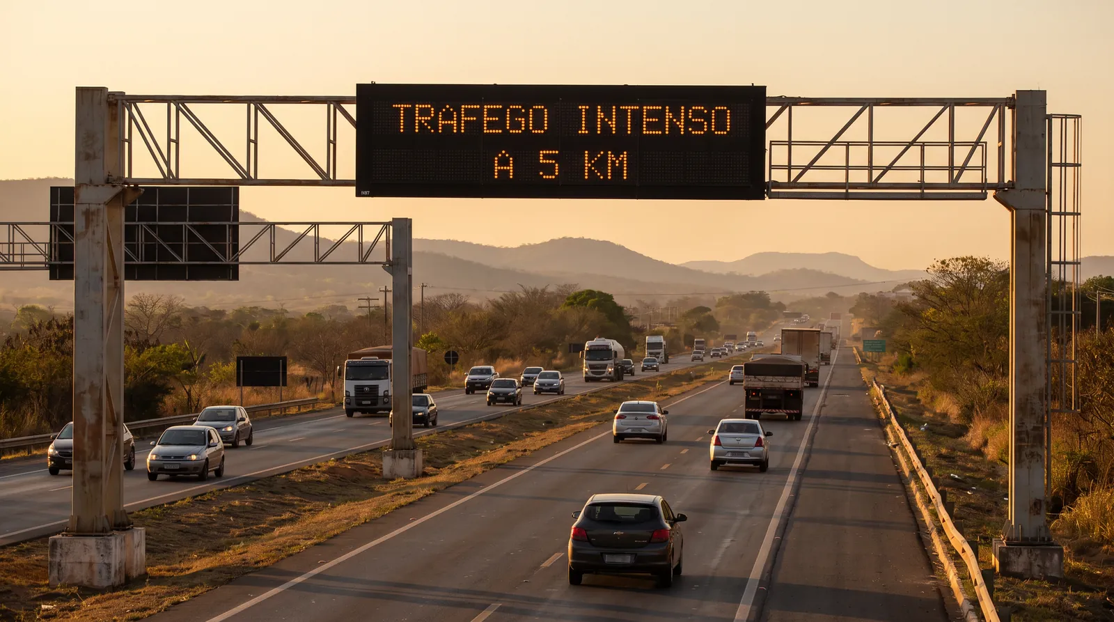 Painel de mensagem variável fixo montado em pórtico metálico sobre rodovia de múltiplas faixas