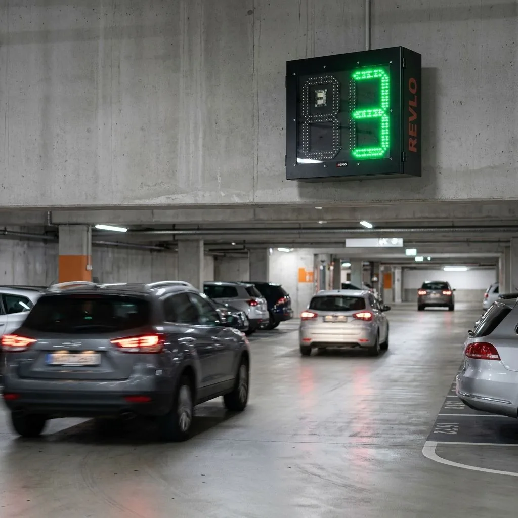 Display eletrônico de velocidade Revlo instalado em estacionamento coberto, exibindo a velocidade de um veículo em LED verde