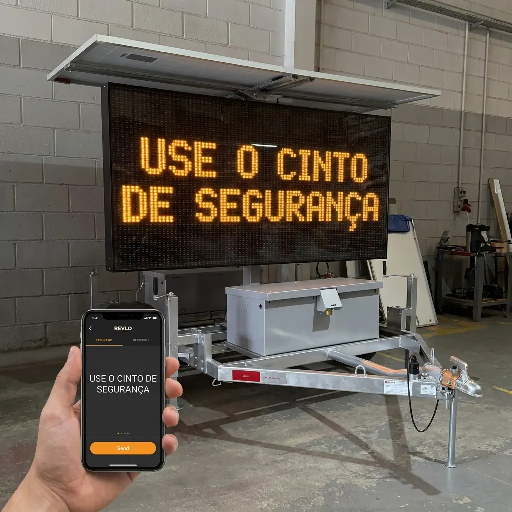Mão segurando celular com o aplicativo Revlo, enviando a mensagem USE O CINTO DE SEGURANÇA para o painel ao fundo