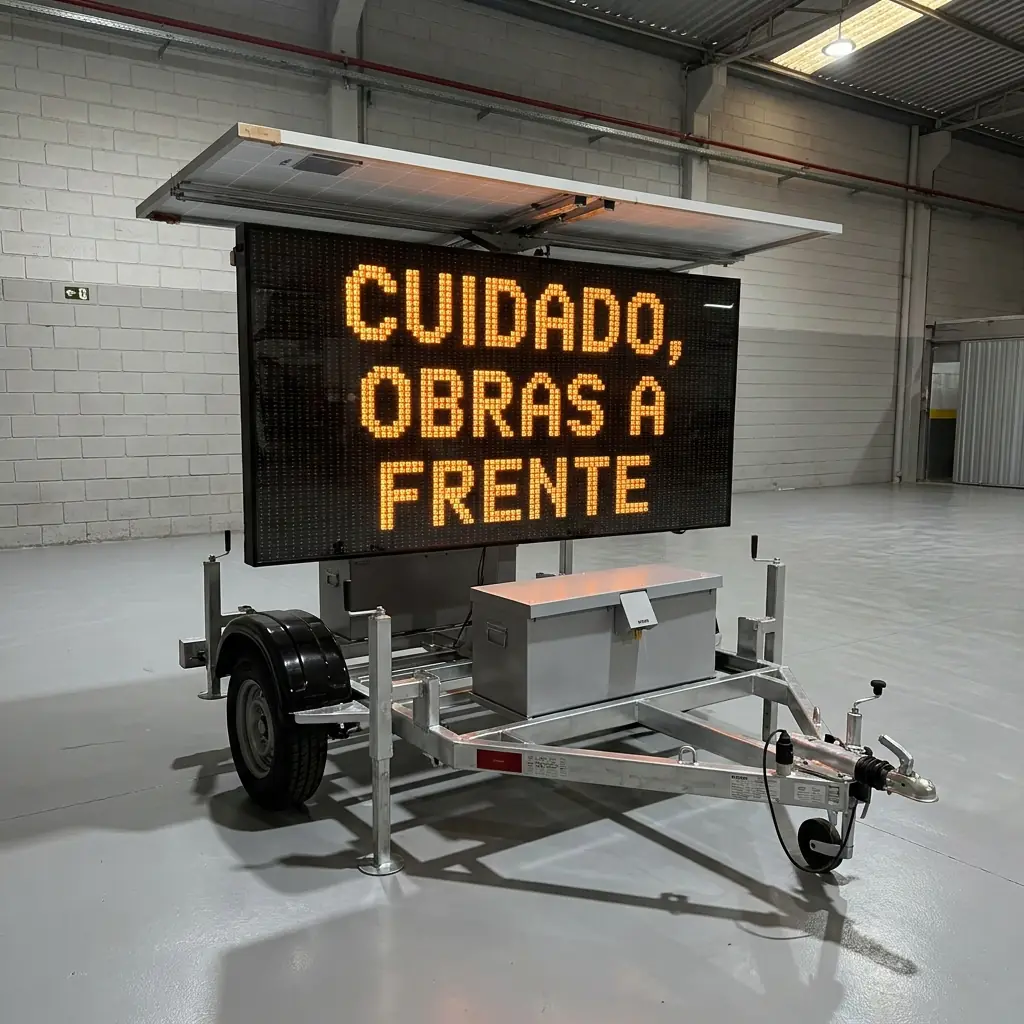 Painel de mensagem variável móvel Revlo exibindo CUIDADO, OBRAS A FRENTE em três linhas de LED âmbar