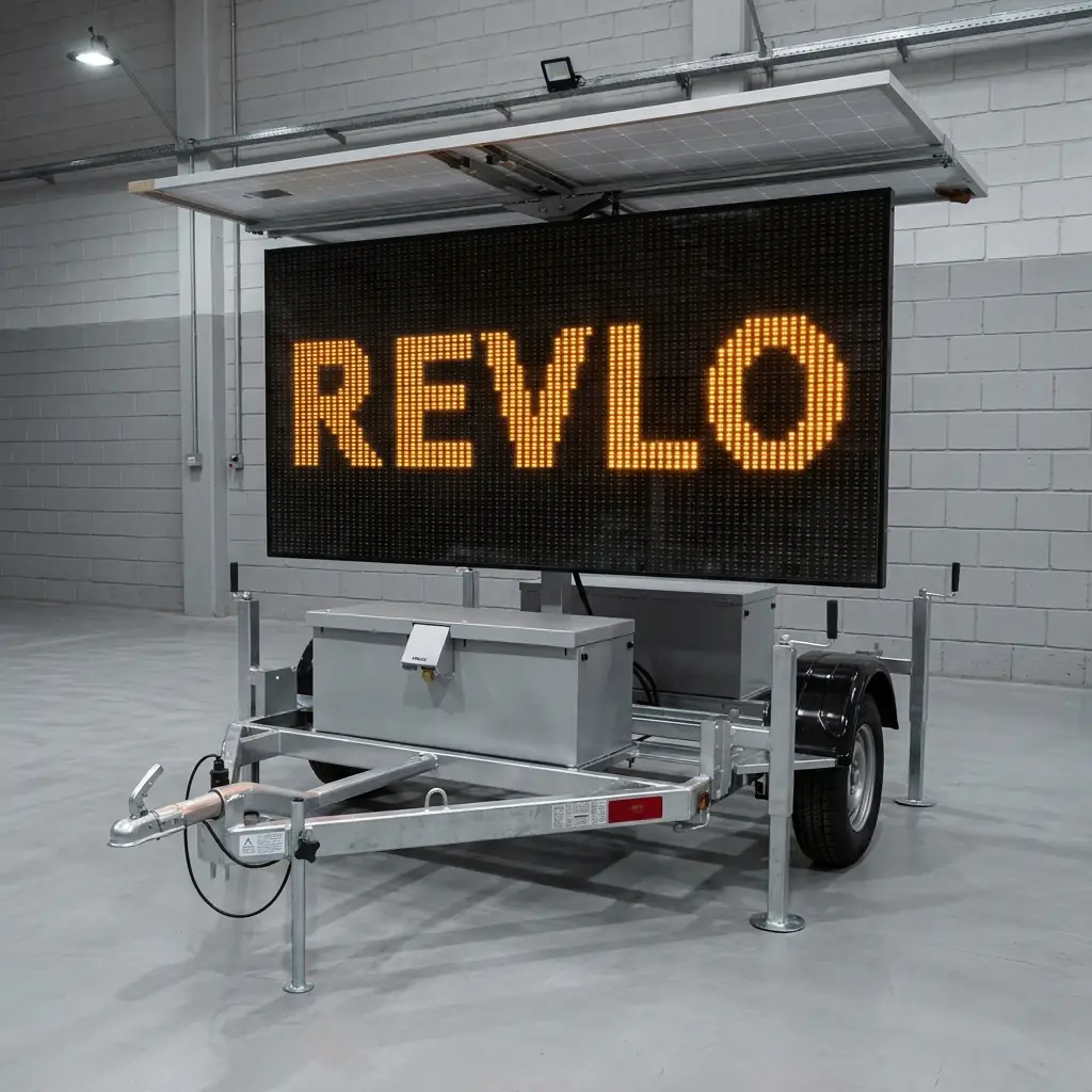 Painel de mensagem variável móvel Revlo com os quatro pés estabilizadores apoiados no piso, pronto para operar